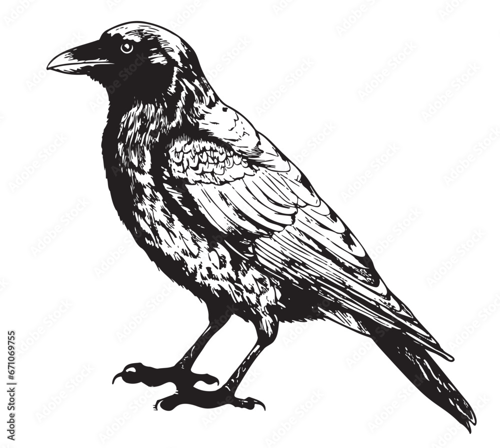 Fototapeta premium Black raven sketch hand drawn in doodle style Vector illustration