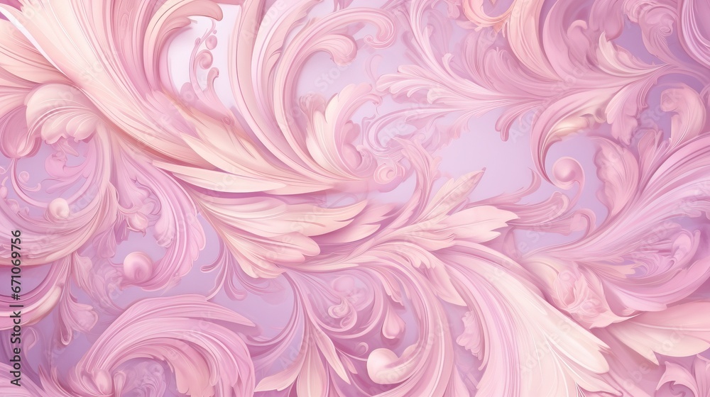  a pink and white background with swirls and leaves on it.  generative ai - obrazy, fototapety, plakaty 
