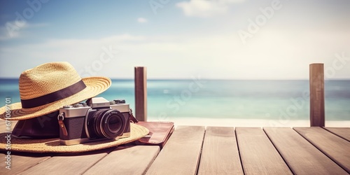 Tropical sea, beach and palm three in background. Vintage suitcase, hipster hat, photo camera and passport on wooden deck. Summer holiday traveling design concept.