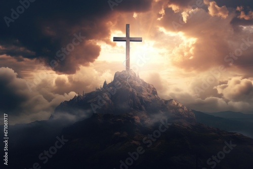wooden cross symbolizing the death and resurrection of Jesus Christ with the sky over Golgotha Hill is shrouded in light and clouds