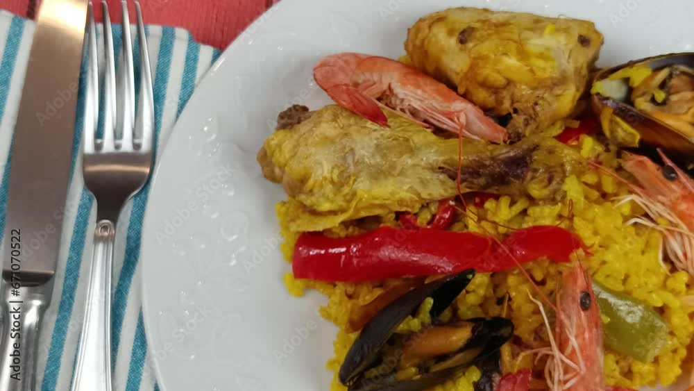 assiette de paella en gros plan
