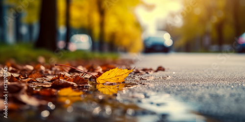 LOW ANGLE, Autumn Leaves on the Ground. Empty road in city in autumn time.