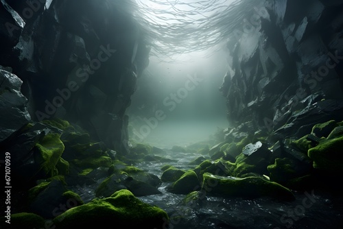 scene of deep sea seaweed on rock background and dark tone images