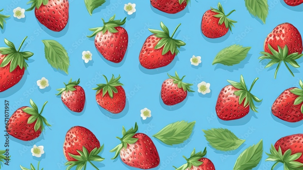 a pattern of strawberries and flowers on a blue background. generative ai a pattern of strawberries and flowers on a blue background. generative ai