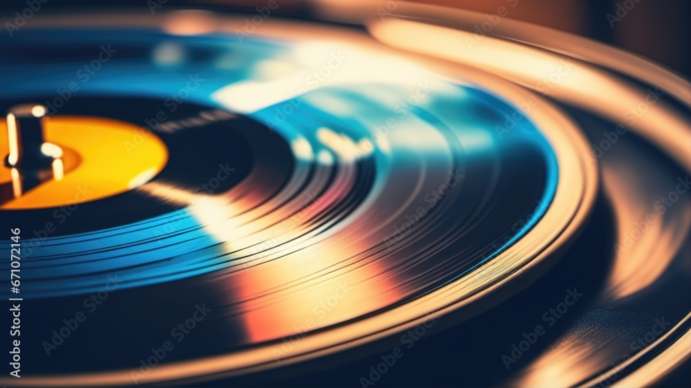 Close-up of spinning vinyl record with blue hues. Close-up of spinning vinyl record with blue hues.