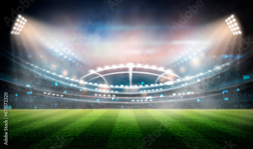 lights at night and stadium colorful flashlights background. Flyer with copy space in modern colors. Concept of sport,