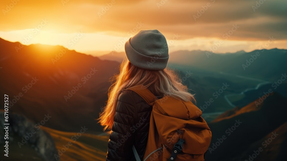 Young woman traveler taking photo with smartphone at sea of mist and sunrise over the mountain.