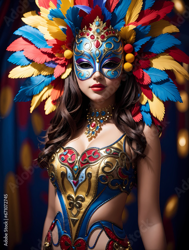 Studio portrait of a sexy female in a colorful sumptuous carnival feather suit. Isolated on a dark background. photo
