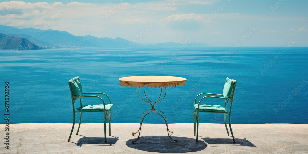 Empty table and chairs overlooking beach turquoise ocean in the background