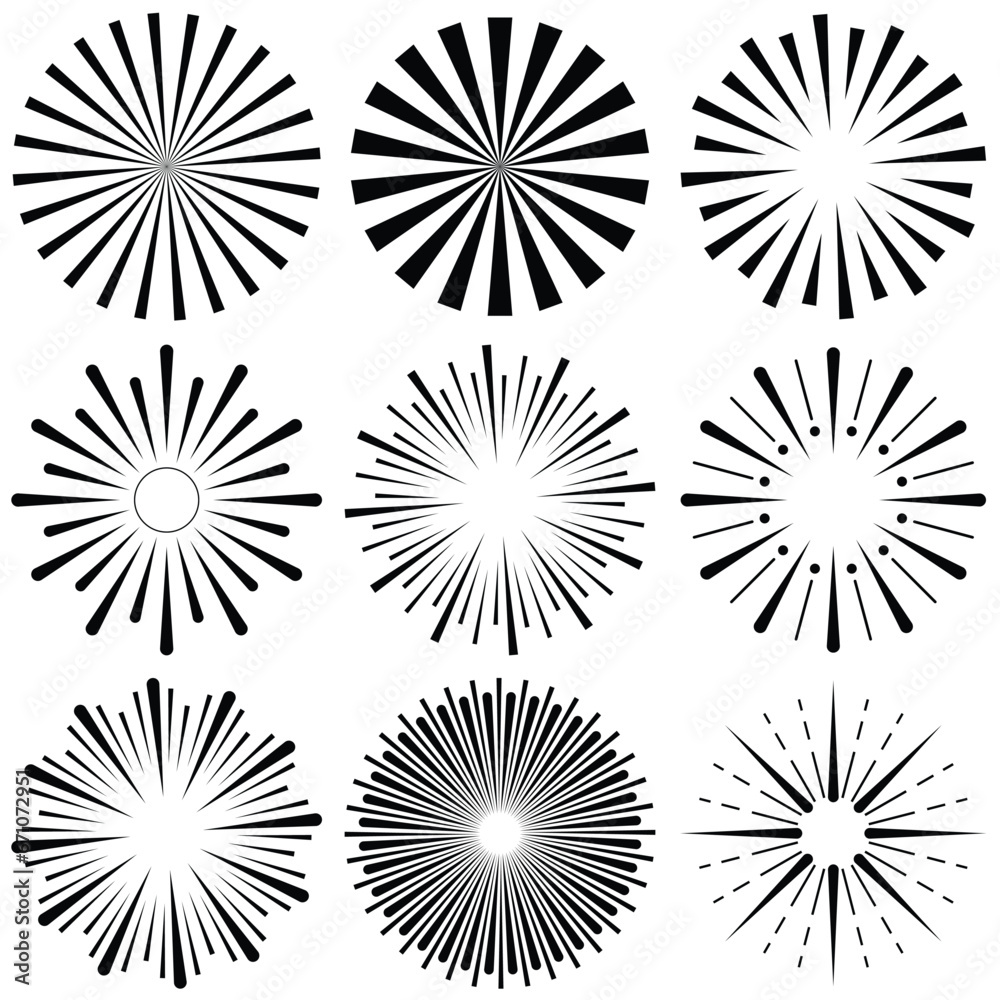 Retro Sun burst shapes. Vintage light starburst logo, labels, badges. Sunburst minimal logo frames. Vector firework design elements.	