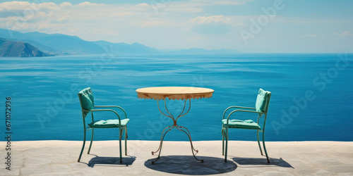 Empty table and chairs overlooking beach turquoise ocean in the background