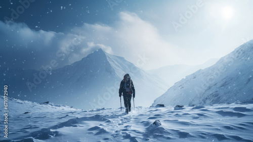 A lonely climber walking through the snow towards the peak of a large mountain in the background. © OleksandrZastrozhnov