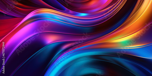 3d abstract wallpaper. Liquid metal rainbow waves banner. Three dimensional rainbow colored swirls background