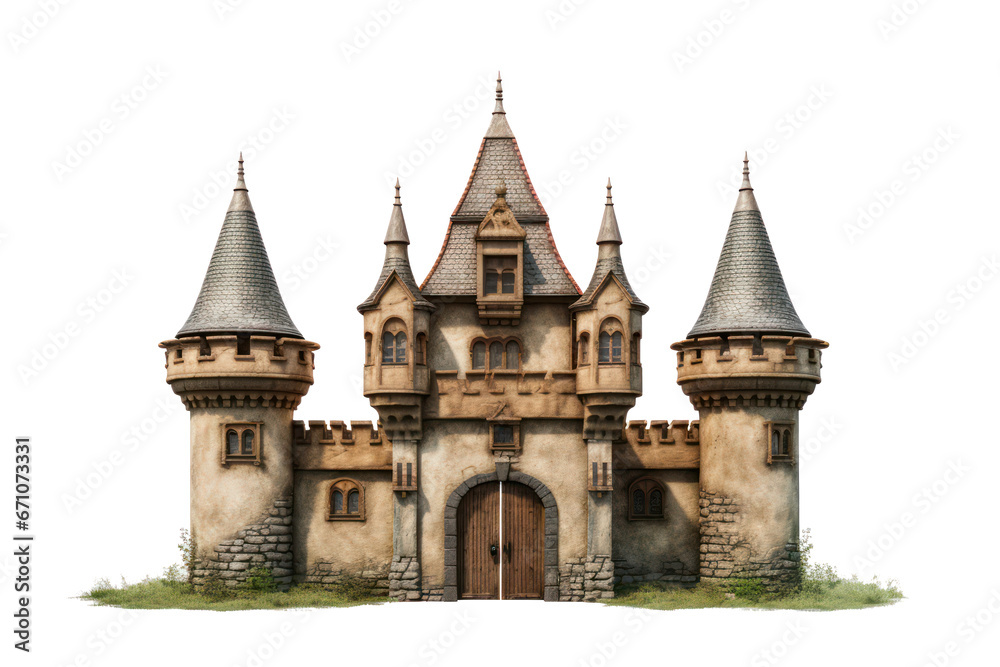 small castle surrounded green grass, isolated on a transparent background, png file.