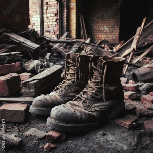 soldier boots in the middle of a destroyed building war background image