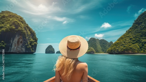 Happy traveler woman on boat joy fun nature panoramic view . Freedom adventure travel Phuket Thailand