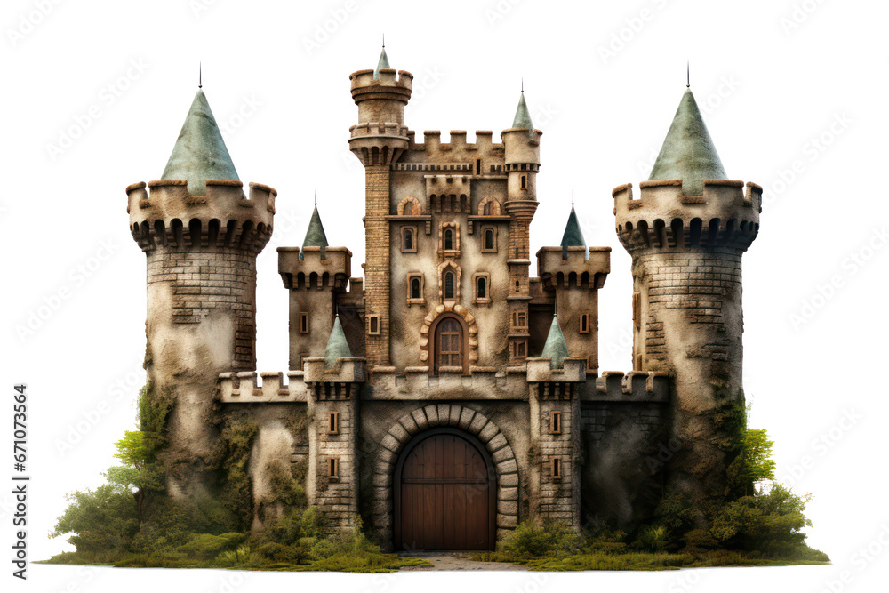 Medieval castle surrounded trees, isolated on a transparent background, png file.