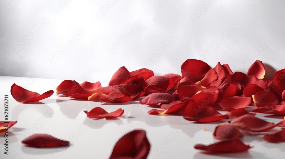 a white table topped with lots of red petals of petals. generative ai a white table topped with lots of red petals of petals. generative ai