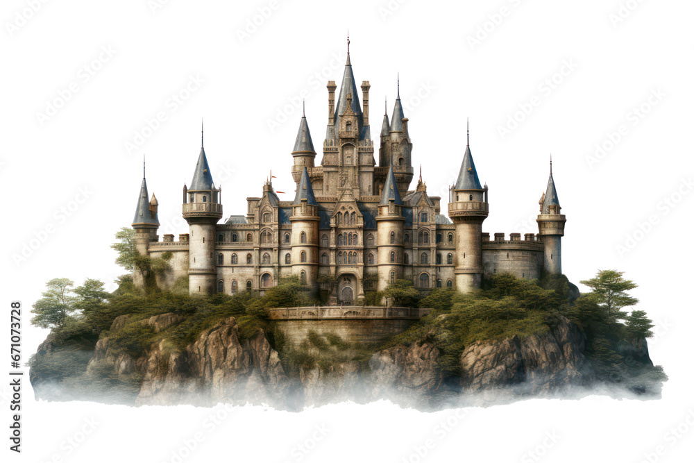 Medieval castle on a big rock, isolated on a transparent background, png file.