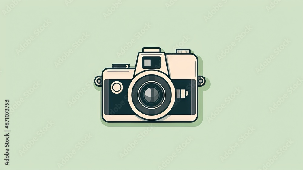 a camera with a lens on a light green background with a shadow. generative ai a camera with a lens on a light green background with a shadow. generative ai
