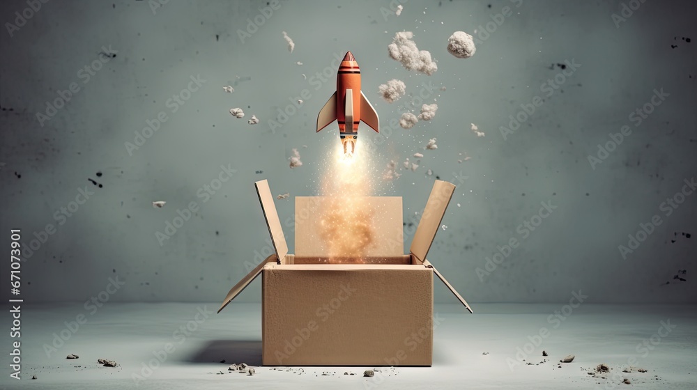 a cardboard box with a rocket flying out of it on top of it. generative ...