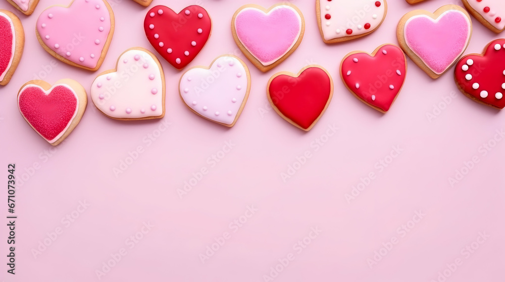 Assortment of heart-shaped cookies with vibrant icing on a pastel pink background