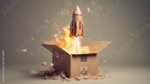  a rocket is flying out of a cardboard box on fire.  generative ai