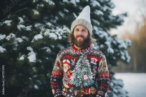 Happy man wearing in fun ugly Christmas sweater. Outdoors. Snowy winter. Day of ugly Christmas sweater.