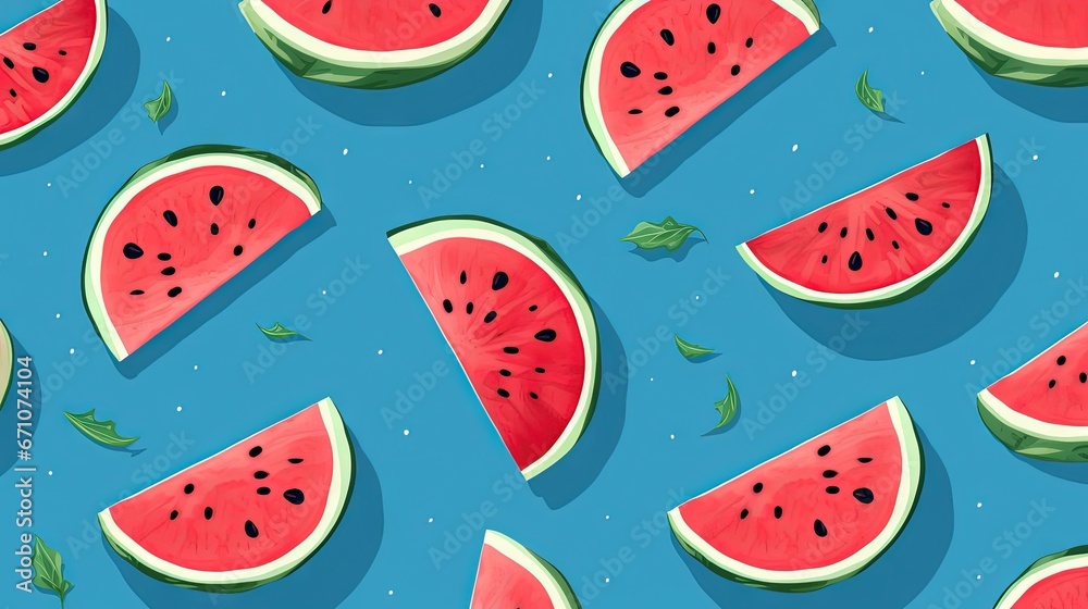 watermelon slices on a blue background with leaves and dots. generative ai watermelon slices on a blue background with leaves and dots. generative ai