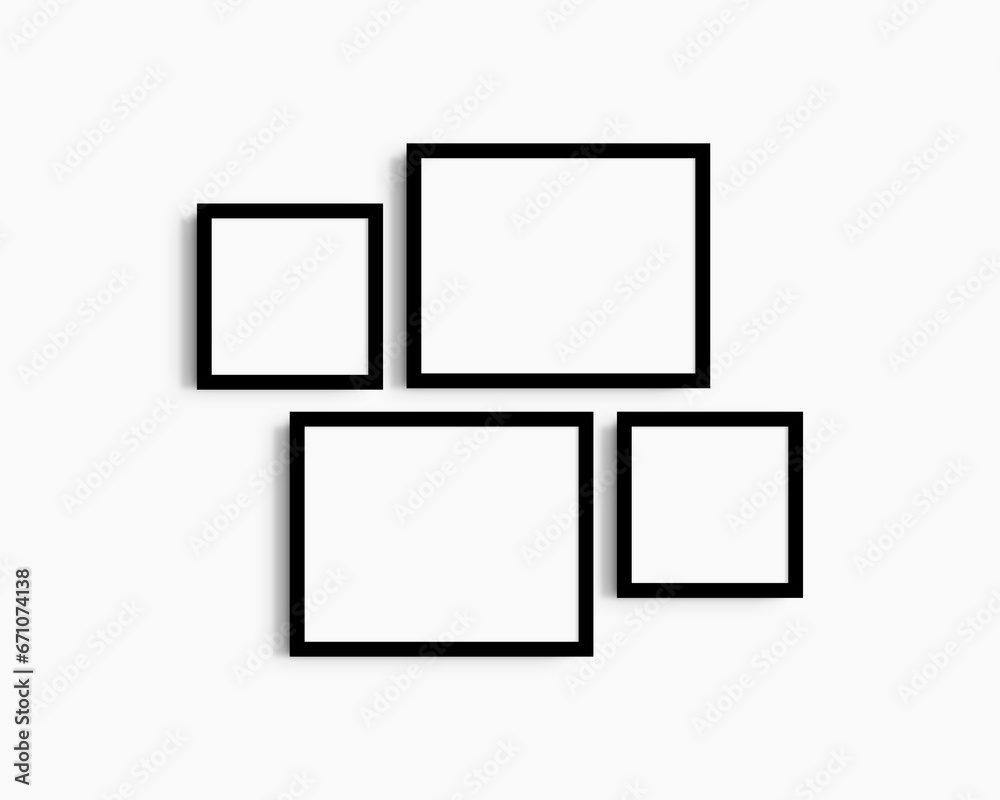 Gallery wall mockup set, 4 black frames. Clean, modern, and minimalist frame mockup. Two horizontal frames and two square frames, 14x11 (14:11), 8x8 (1:1) inches. White wall.