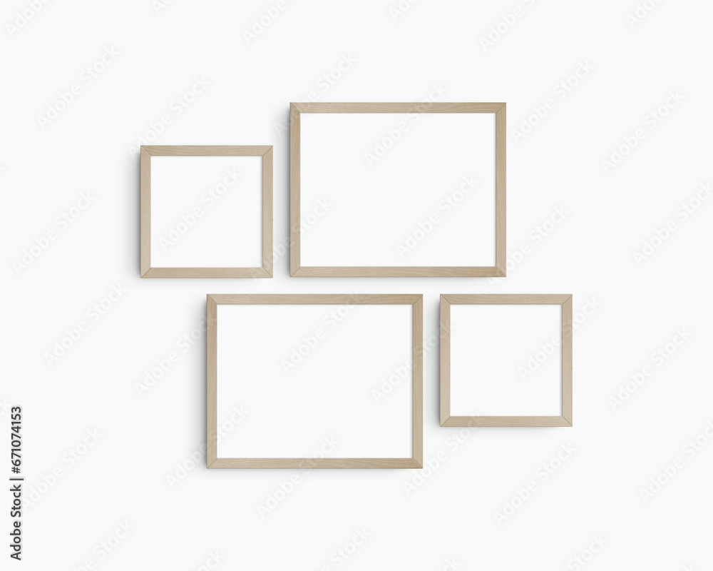 Gallery wall mockup set, 4 birch wooden frames. Clean, modern, and minimalist frame mockup. Two horizontal frames and two square frames, 14x11 (14:11), 8x8 (1:1) inches. White wall.