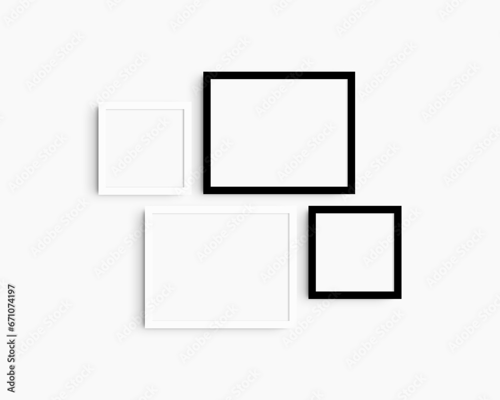 Gallery wall mockup set, 4 black and white frames. Clean, modern, and minimalist frame mockup. Two horizontal frames and two square frames, 14x11 (14:11), 8x8 (1:1) inches. White wall. Gallery wall mockup set, 4 black and white frames. Clean, modern, and minimalist frame mockup. Two horizontal frames and two square frames, 14x11 (14:11), 8x8 (1:1) inches. White wall.