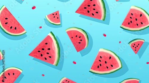  watermelon slices on a blue background with drops of water. generative ai