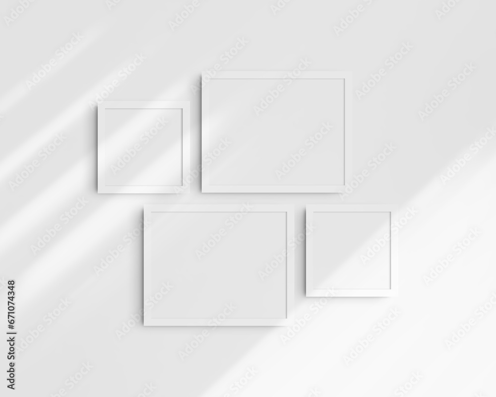 Gallery wall mockup set, 4 white frames. Clean, modern, and minimalist frame mockup. Two horizontal frames and two square frames, 14x11 (14:11), 8x8 (1:1) inches. White wall with shadows.