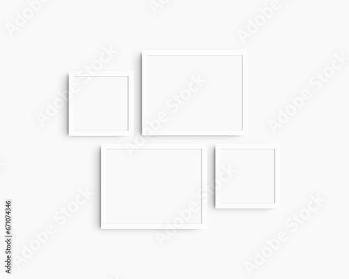 Gallery wall mockup set, 4 white frames. Clean, modern, and minimalist frame mockup. Two horizontal frames and two square frames, 14x11 (14:11), 8x8 (1:1) inches. White wall.
