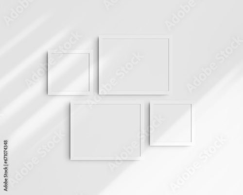 Gallery wall mockup set, 4 white frames. Clean, modern, and minimalist frame mockup. Two horizontal frames and two square frames, 14x11 (14:11), 8x8 (1:1) inches. White wall with shadows.