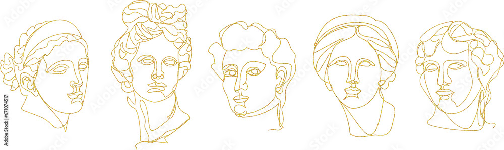 Gold one line art set of Greece sculptures,  y2k, retro