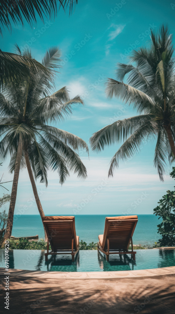 Fototapeta premium Luxury resort with beach chairs and Palm on a Sunny day and sky with clouds in the background