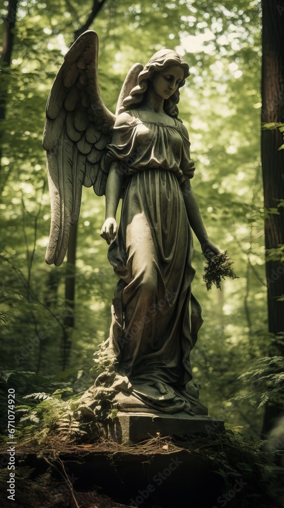 Fototapeta premium Photography of a Vintage Statue Representing the Virgin Mary with wings and a very Tight Dress in the middle of the Forest.