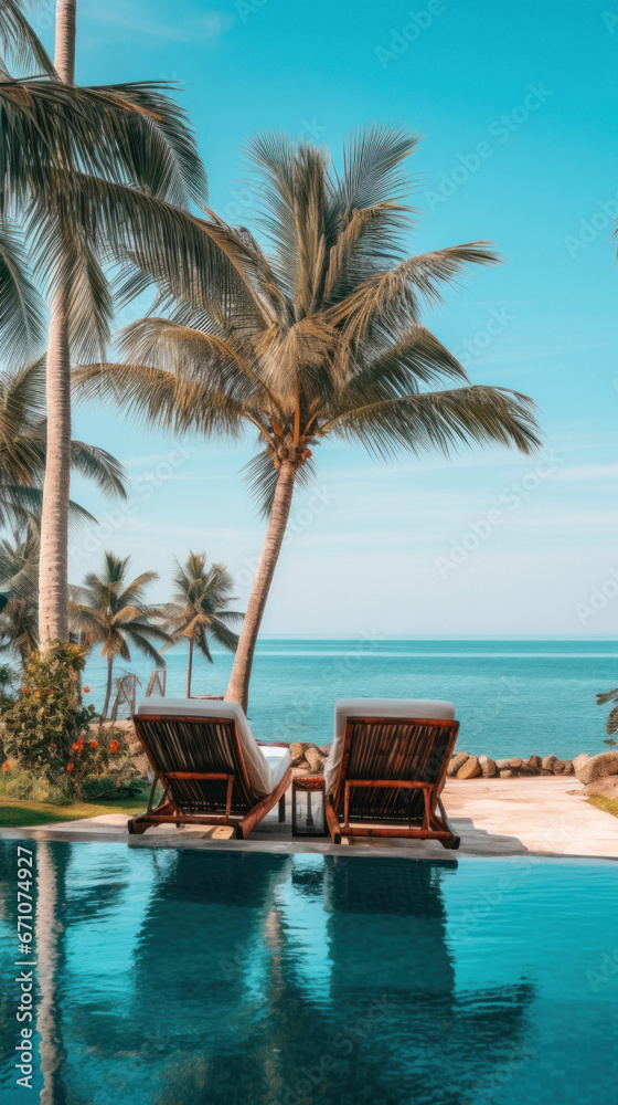 Luxury resort with beach chairs and Palm on a Sunny day and sky with clouds in the background