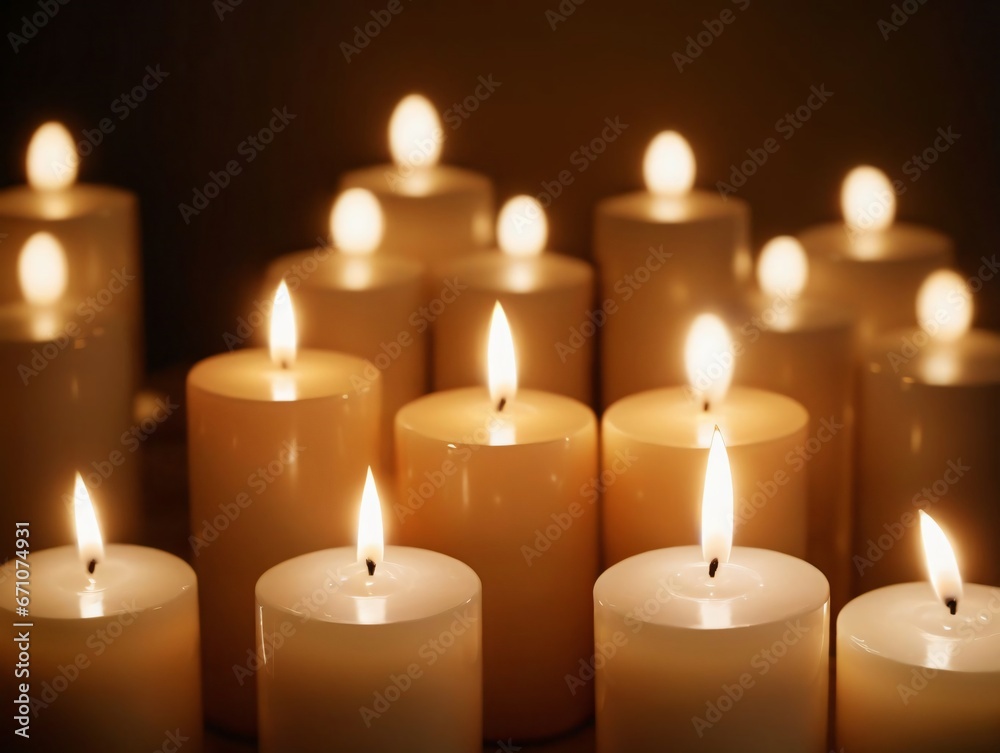 Many White Candles With One Lit In The Middle Many White Candles With One Lit In The Middle