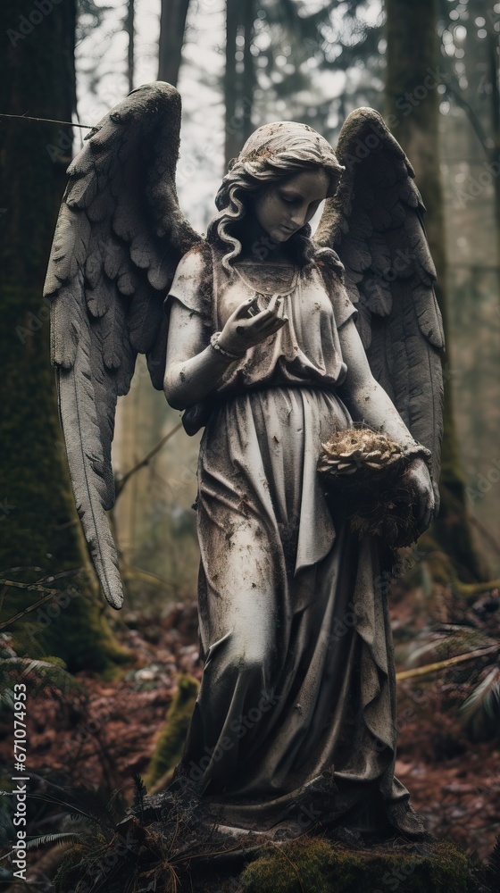 Photography of a Vintage Statue Representing the Virgin Mary with wings and a very Tight Dress in the middle of the Forest.