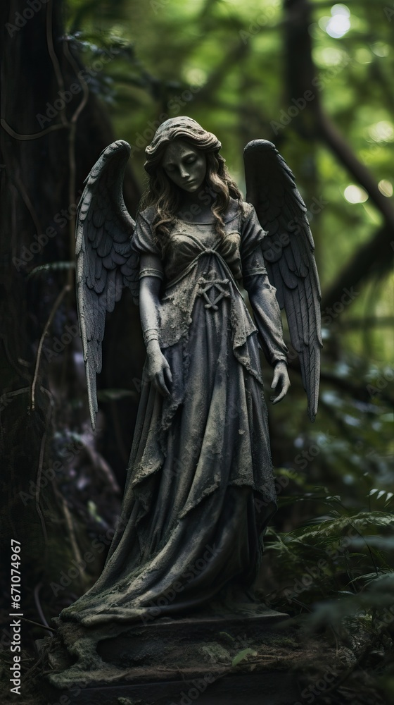 Fototapeta premium Photography of a Vintage Statue Representing the Virgin Mary with wings and a very Tight Dress in the middle of the Forest.