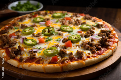 Mexican Pizza, with toppings like seasoned ground beef or chicken, beans, cheese, jalapeños, and salsa