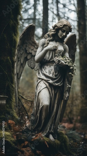 Photography of a Vintage Statue Representing the Virgin Mary with wings and a very Tight Dress in the middle of the Forest. © Luca