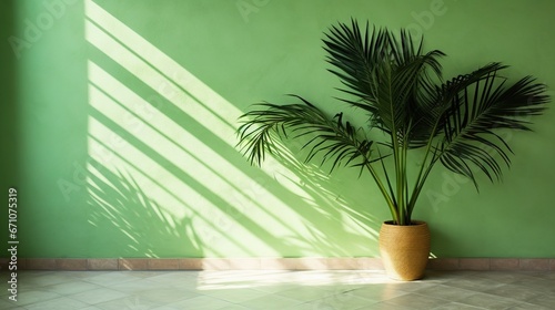  a plant in a pot on a tiled floor in front of a green wall. generative ai