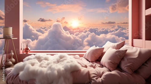 Professional Photography of a Room High up un the Sky. Landscape Above the clouds with a Pink Sky and Sunset.