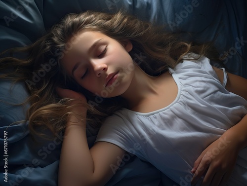 Photo of a Young Teenager Sleeping in a Dark Room on Comfy Blue Bed.