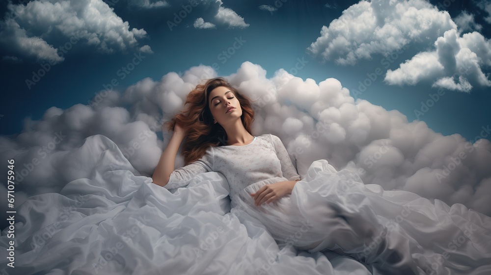 A Beautiful Model Lying in a Bunch of White Fake Clouds . A Pretty Woman Sleeping in A Blue Room full of Couds. A Beautiful Model Lying in a Bunch of White Fake Clouds . A Pretty Woman Sleeping in A Blue Room full of Couds.