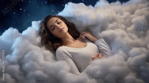 A Beautiful Model Lying in a Bunch of White Fake Clouds . A Pretty Woman Sleeping in A Blue Room full of Couds.